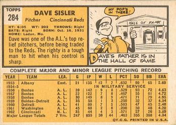 1963 Topps #284 Dave Sisler Back