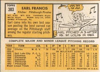 1963 Topps #303 Earl Francis Back