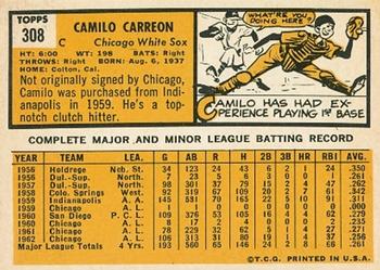 1963 Topps #308 Camilo Carreon Back