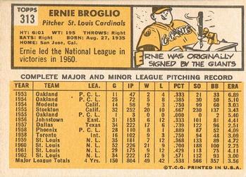 1963 Topps #313 Ernie Broglio Back