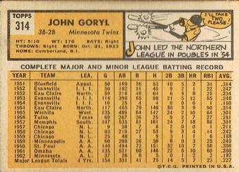 1963 Topps #314 John Goryl Back