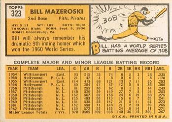 1963 Topps #323 Bill Mazeroski Back