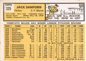 1963 Topps #325 Jack Sanford Back