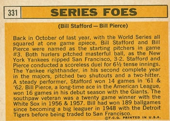 1963 Topps #331 Series Foes (Billy Pierce / Bill Stafford) Back