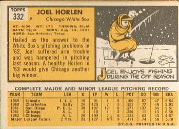 1963 Topps #332 Joel Horlen Back