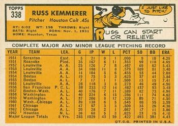 1963 Topps #338 Russ Kemmerer Back