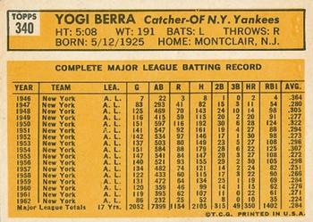 1963 Topps #340 Yogi Berra Back