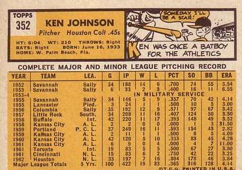 1963 Topps #352 Ken Johnson Back