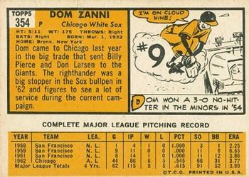 1963 Topps #354 Dom Zanni Back