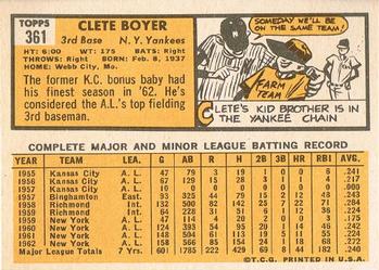 1963 Topps #361 Clete Boyer Back