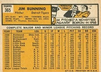 1963 Topps #365 Jim Bunning Back