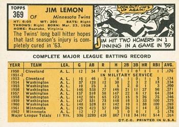1963 Topps #369 Jim Lemon Back