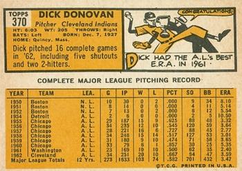 1963 Topps #370 Dick Donovan Back