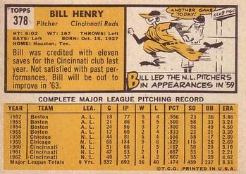 1963 Topps #378 Bill Henry Back