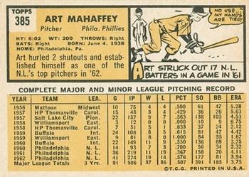 1963 Topps #385 Art Mahaffey Back