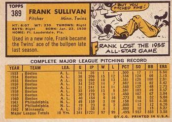 1963 Topps #389 Frank Sullivan Back