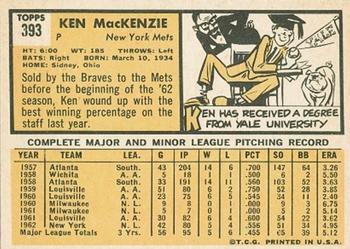 1963 Topps #393 Ken MacKenzie Back