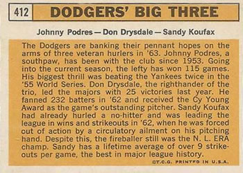 1963 Topps #412 Dodgers' Big Three (Don Drysdale / Sandy Koufax / Johnny Podres) Back