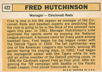 1963 Topps #422 Fred Hutchinson Back