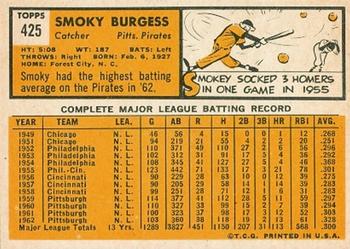 1963 Topps #425 Smoky Burgess Back