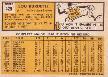 1963 Topps #429 Lew Burdette Back