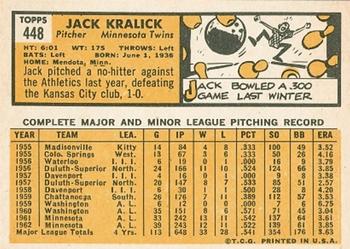 1963 Topps #448 Jack Kralick Back