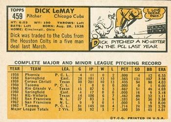 1963 Topps #459 Dick LeMay Back