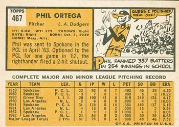 1963 Topps #467 Phil Ortega Back