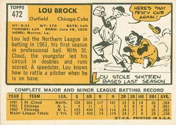 1963 Topps #472 Lou Brock Back