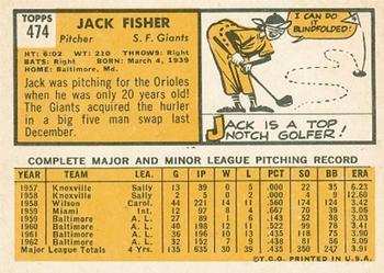 1963 Topps #474 Jack Fisher Back