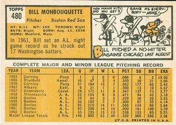 1963 Topps #480 Bill Monbouquette Back