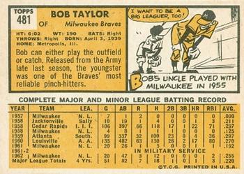 1963 Topps #481 Bob Taylor Back