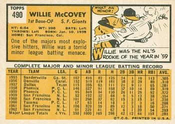 1963 Topps #490 Willie McCovey Back