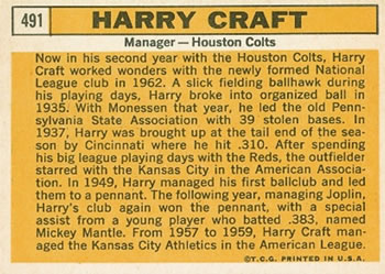 1963 Topps #491 Harry Craft Back