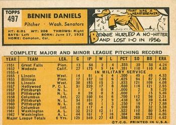 1963 Topps #497 Bennie Daniels Back