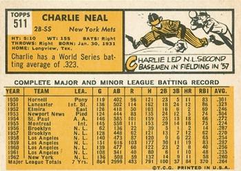 1963 Topps #511 Charlie Neal Back