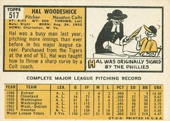 1963 Topps #517 Hal Woodeshick Back