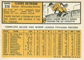 1963 Topps #519 Claude Raymond Back