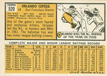 1963 Topps #520 Orlando Cepeda Back