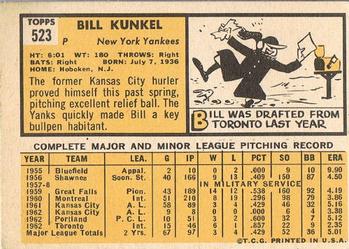 1963 Topps #523 Bill Kunkel Back