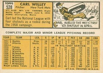 1963 Topps #528 Carl Willey Back