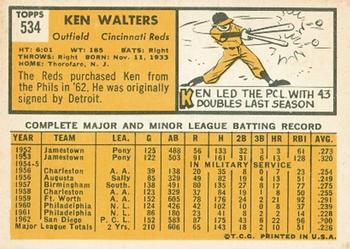 1963 Topps #534 Ken Walters Back