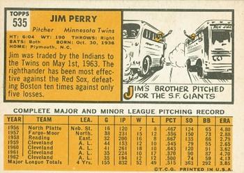 1963 Topps #535 Jim Perry Back