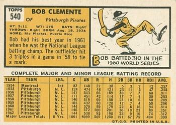 1963 Topps #540 Bob Clemente Back