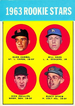 1963 Topps #544 1963 Rookie Stars (Duke Carmel / Bill Haas / Dick Phillips / Rusty Staub) Front