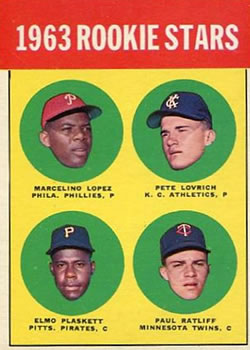 1963 Topps #549 1963 Rookie Stars (Marcelino Lopez / Pete Lovrich / Elmo Plaskett / Paul Ratliff) Front