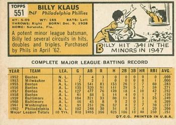 1963 Topps #551 Billy Klaus Back