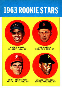 1963 Topps #553 1963 Rookie Stars (Brock Davis / Jim Gosger / John Herrnstein / Willie Stargell) Front