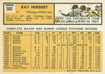1963 Topps #560 Ray Herbert Back