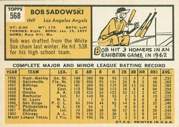 1963 Topps #568 Bob Sadowski Back